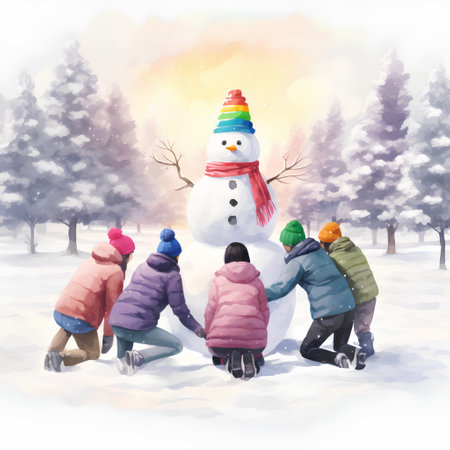 Group of children making snowman in winter park. Vector illustration.の素材