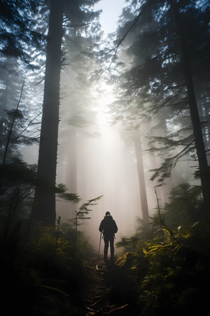 Hiker with trekking poles in the misty forest at sunriseの素材