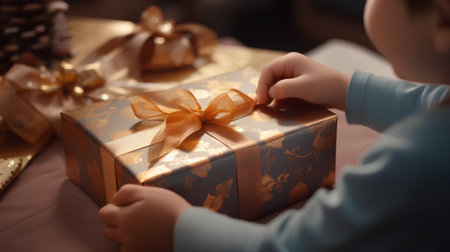 Hands of a child holding a gift box on a Christmas backgroundの素材