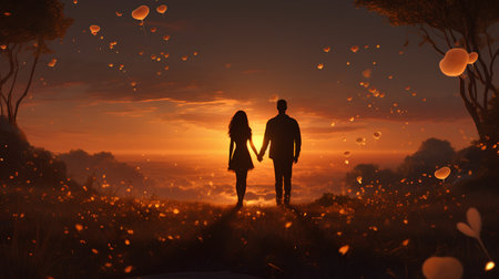 Man and woman walking in the forest at sunset. 3D renderingの素材