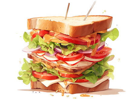 Sandwich with lettuce, tomato, onion and cheese. Vector illustrationの素材