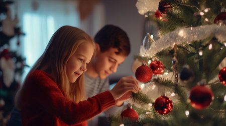 Cute little girl decorating Christmas tree with red baublesの素材