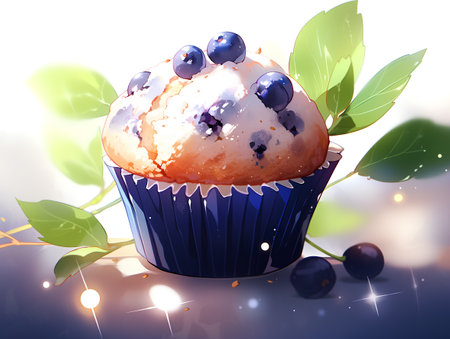 Cupcake with blueberries and green leaves. Vector illustration.の素材
