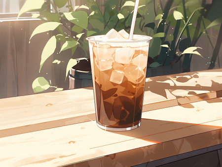 Iced coffee in a glass on the table. 3d renderingの素材