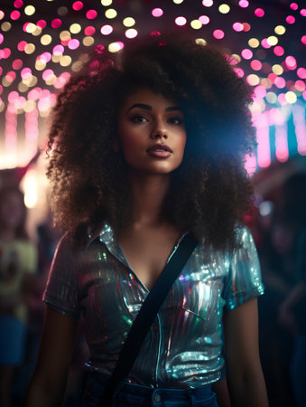 Beautiful african american woman with afro hairstyle dancing at night club.の素材