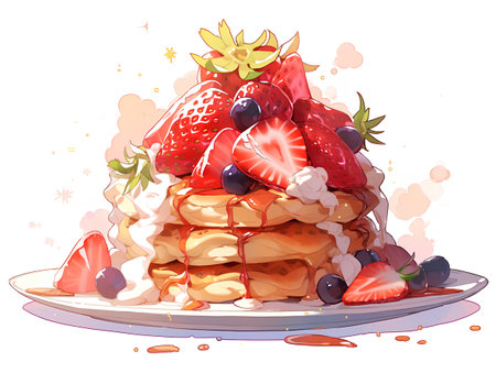 Vector illustration of waffles with strawberries, blueberries and whipped cream.の素材