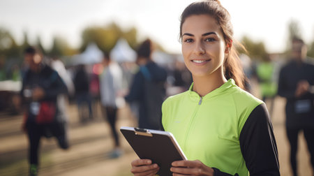Sporty young woman in sportswear holding digital tablet and smiling while standing outdoorsの素材