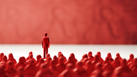 Red man standing in crowd of people on red background. 3d illustrationの素材