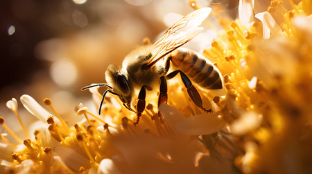 Honeybee on yellow flower. Close-up. Macro.の素材