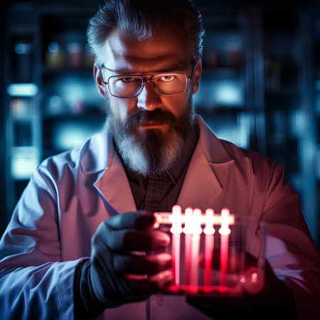 Portrait of a bearded male researcher carrying out scientific research in a lab.の素材