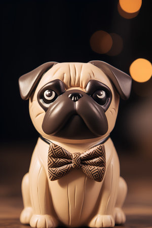 Pug dog with bow tie on wooden table and bokeh backgroundの素材