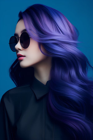 Fashion portrait of beautiful young woman with purple hair and sunglasses.の素材