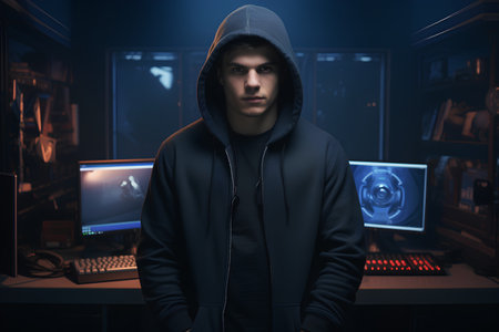 Hooded computer hacker in a dark room with a computer on the backgroundの素材