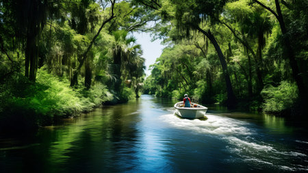 Couple on a boat in the middle of a tropical river.の素材