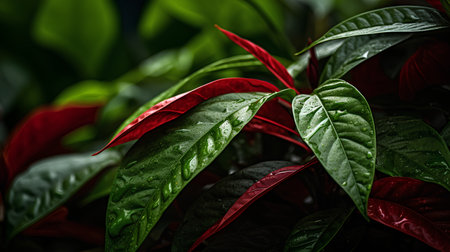 Red and green leaves of a houseplant with a dark background.の素材