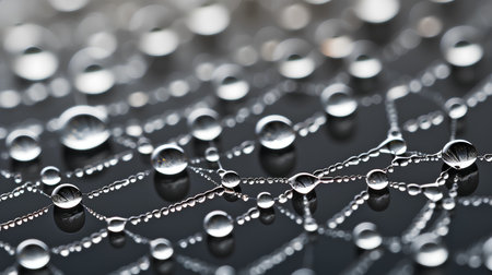 Dew drops on a spider web close-up macro photography.の素材
