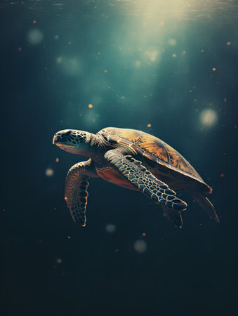 Sea turtle swimming in the ocean. 3d render. Underwater world.の素材