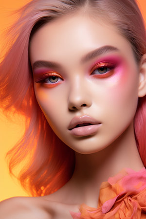 Portrait of a beautiful young girl with pink hair and bright makeup. Beauty, fashion.の素材