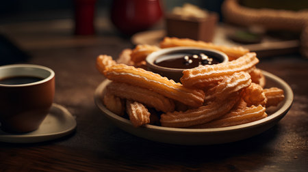 Churros with cup of coffee on wooden background, selective focusの素材