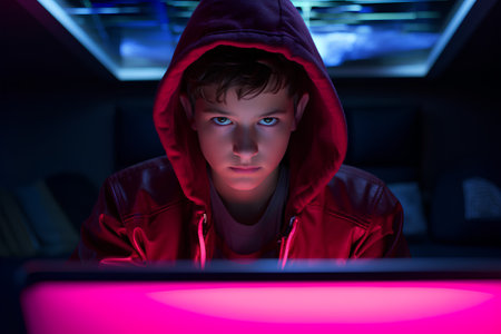 Young man in a red hoodie with a computer on a dark backgroundの素材