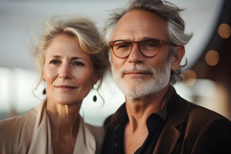 Portrait of senior couple with eyeglasses looking at camera in cafeの素材