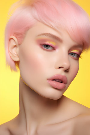 Portrait of beautiful young woman with pink bob hairstyle and makeupの素材