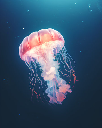 Jellyfish in the deep blue ocean. 3D illustration.の素材
