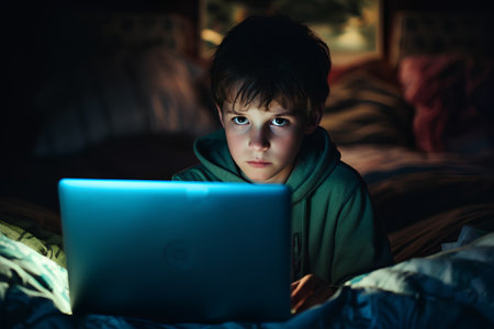 Cute little boy using a laptop computer while sitting in bed at nightの素材
