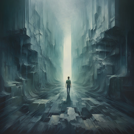 Conceptual 3D illustration of a man standing in the middle of a dark corridor, looking up at the skyの素材