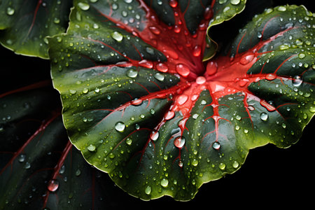 Caladium leaves with water drops on black background, close-upの素材