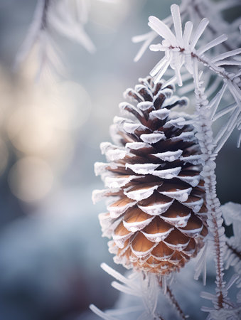 Pine cone covered with hoarfrost in the winter forest. Christmas backgroundの素材