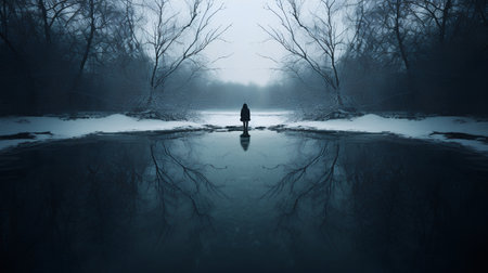 Mysterious foggy winter forest with a man standing in the waterの素材