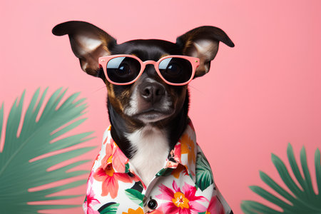 Funny dog wearing sunglasses and a floral shirt on a pink backgroundの素材