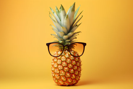 Pineapple with glasses on a yellow background. 3d illustrationの素材