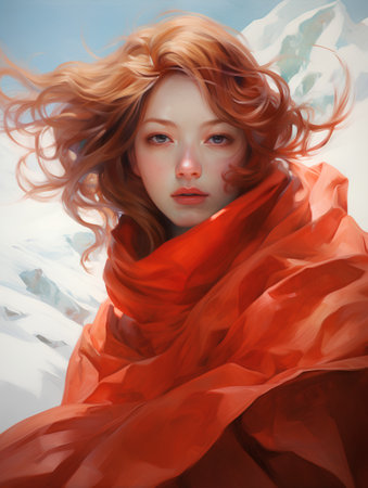 Beautiful red-haired girl in a red scarf. Winter.の素材