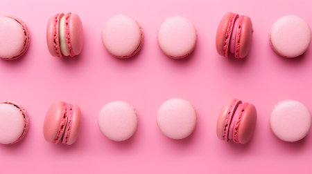 Colorful macaroons on pink background. Top view, flat layの素材