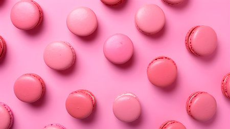 Pink macaroons on pink background. Flat lay, top viewの素材