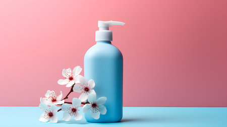 Bottle of liquid soap with sakura flowers on a pink backgroundの素材