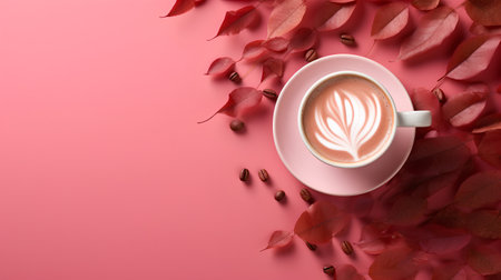 Cup of coffee with latte art and red leaves on pink backgroundの素材
