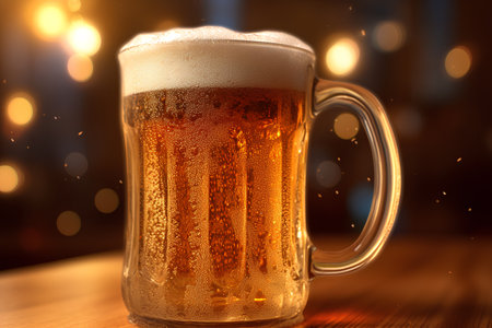 Mug of beer on a wooden table with bokeh backgroundの素材