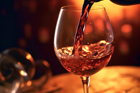Red wine being poured into a glass against the background of a bokehの素材