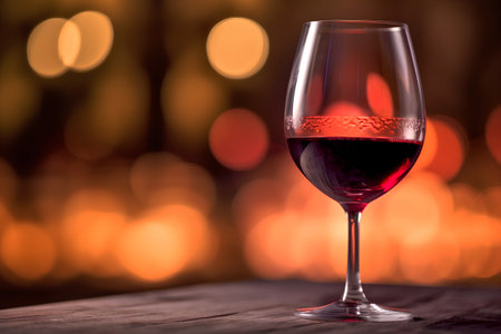Glass of red wine on wooden table against bokeh lights backgroundの素材