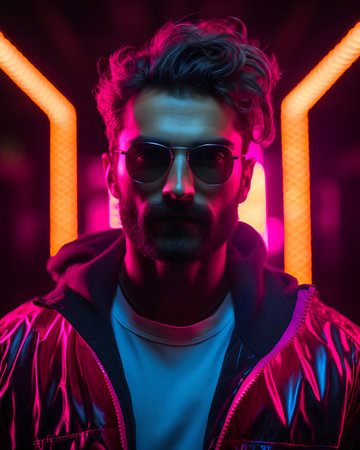 Portrait of a handsome young man with a beard in a neon light.の素材