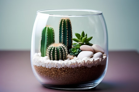 Cactus in a glass vase with pebbles and stonesの素材