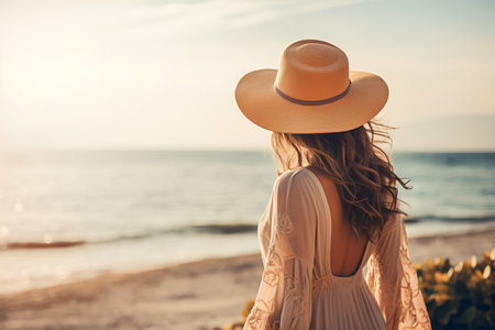 Beautiful young woman in hat and dress walking on the beach at sunsetの素材
