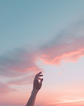 Human hand touching sky with fingers. 3d illustration. Freedom conceptの素材