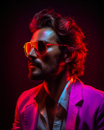 Portrait of a stylish man in sunglasses on a dark background.の素材