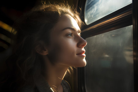 Portrait of a beautiful young woman looking out the window in a train.の素材