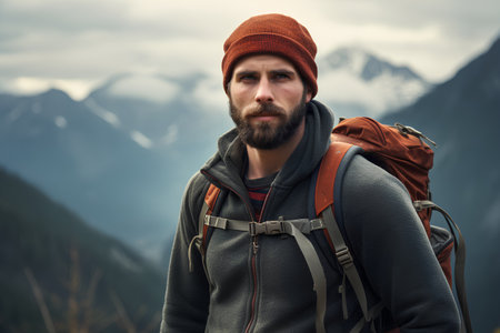 Portrait of a bearded man with a backpack on a background of mountainsの素材