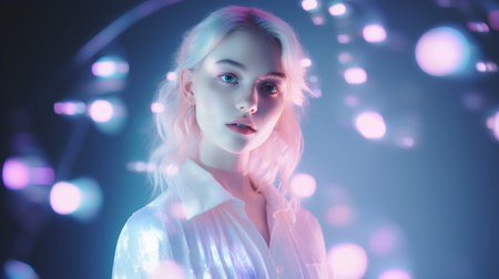 Portrait of a beautiful young woman with pink hair. Beauty, fashion.の素材